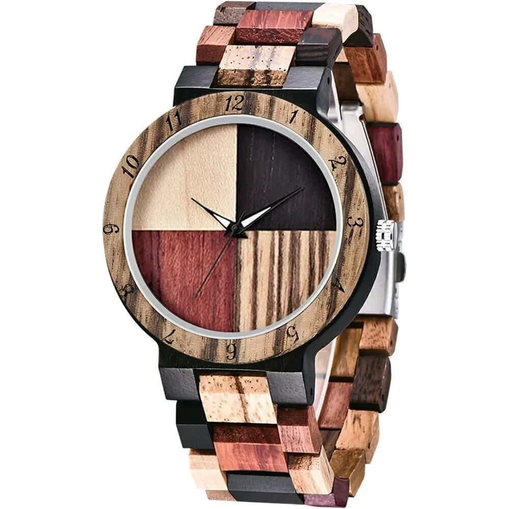 🆕Dentily Quartz Men Tan Inverted Geometric Creative Hand-Made Wooden Watches
